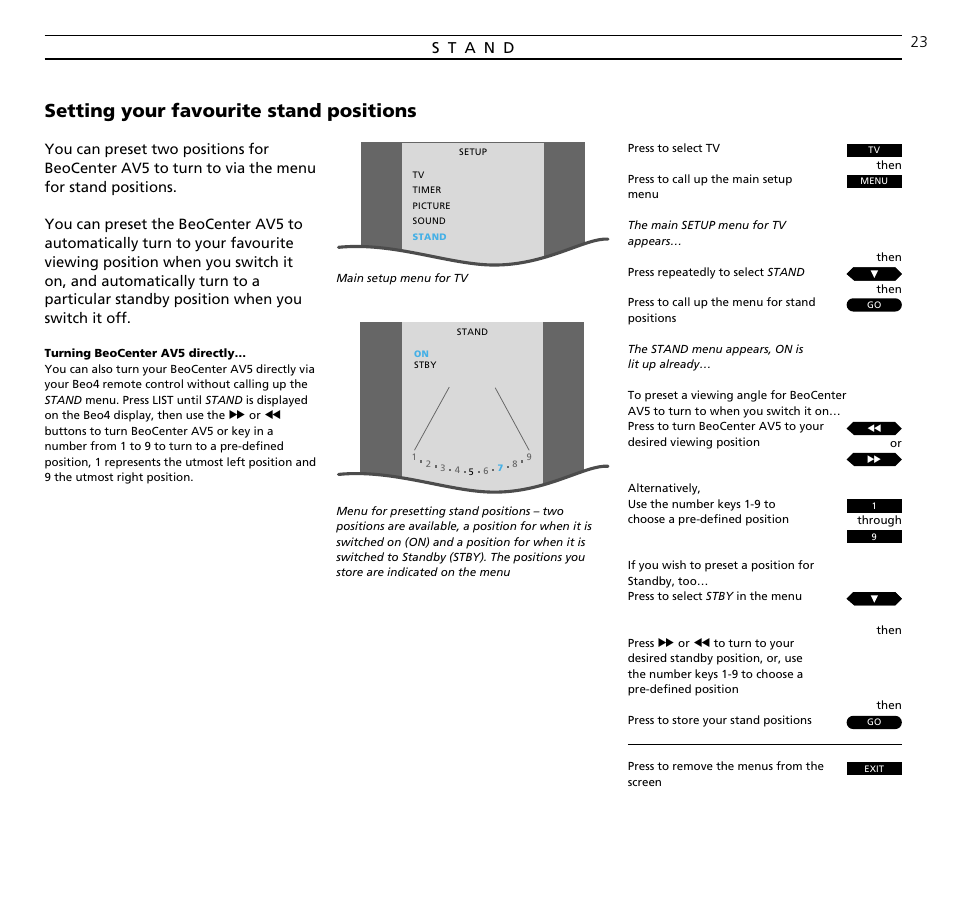 Setting your favourite stand positions | Bang & Olufsen BeoCenter AV5 - User Guide User Manual | Page 23 / 56