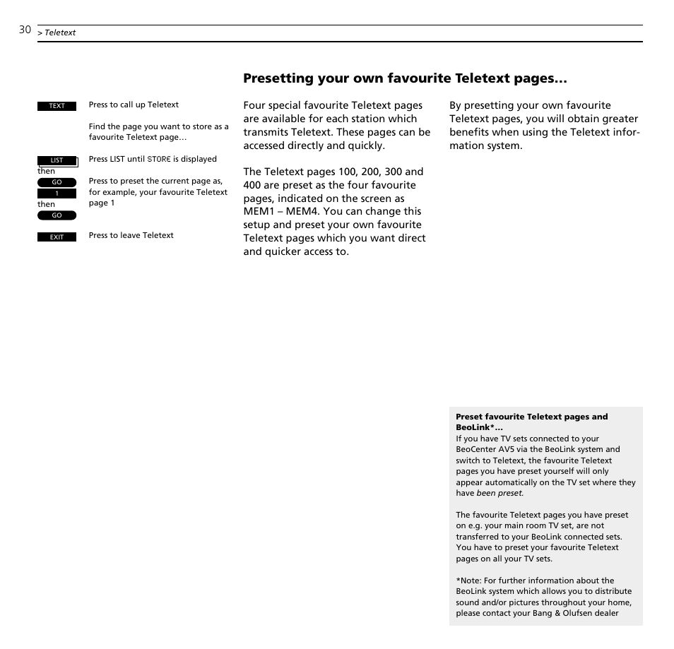 Presetting your own favourite teletext pages | Bang & Olufsen BeoCenter AV5 - User Guide User Manual | Page 30 / 56