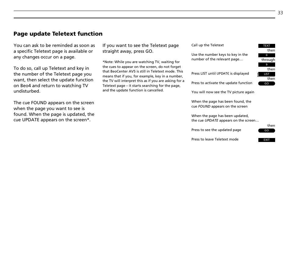 Page update teletext function | Bang & Olufsen BeoCenter AV5 - User Guide User Manual | Page 33 / 56