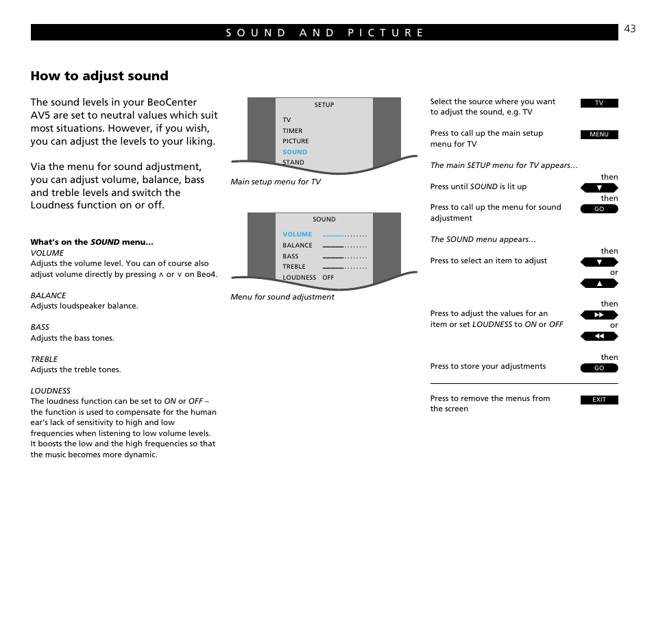 Sound and picture, How to adjust sound | Bang & Olufsen BeoCenter AV5 - User Guide User Manual | Page 43 / 56