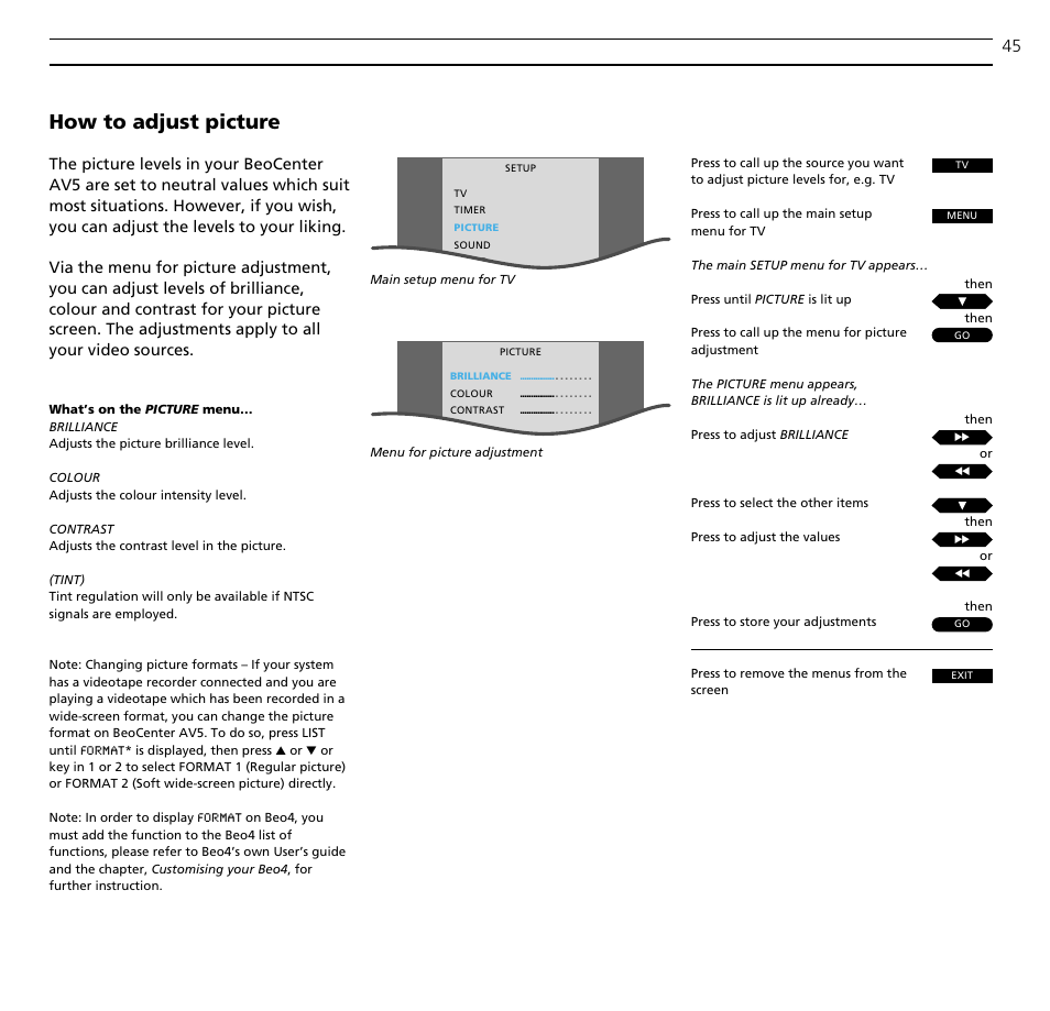 How to adjust picture | Bang & Olufsen BeoCenter AV5 - User Guide User Manual | Page 45 / 56