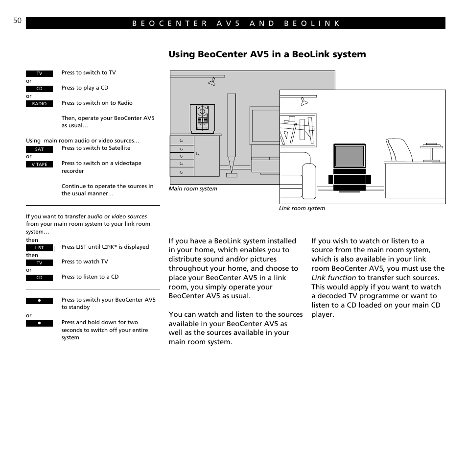 Beocenter av5 and beolink, Using beocenter av5 in a beolink system | Bang & Olufsen BeoCenter AV5 - User Guide User Manual | Page 50 / 56