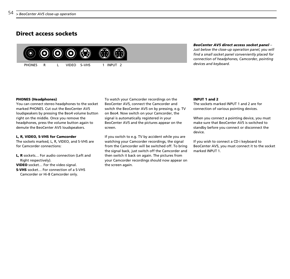 Direct access sockets | Bang & Olufsen BeoCenter AV5 - User Guide User Manual | Page 54 / 56