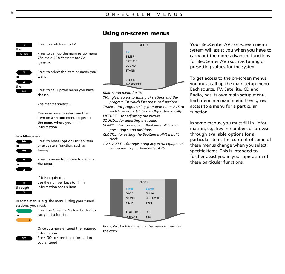 Using on-screen menus | Bang & Olufsen BeoCenter AV5 - User Guide User Manual | Page 6 / 56