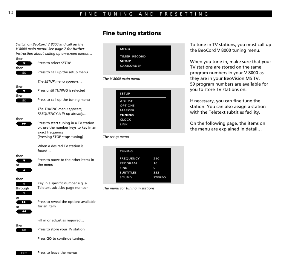 Tuning and presetting, Fine tuning stations | Bang & Olufsen BeoCord V8000_MS - User Guide User Manual | Page 10 / 32