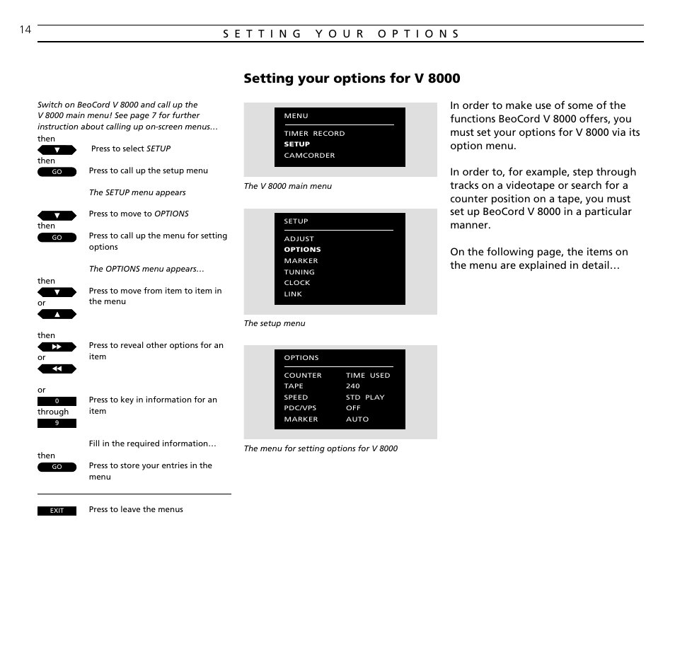 Setting your options for v 8000 | Bang & Olufsen BeoCord V8000_MS - User Guide User Manual | Page 14 / 32