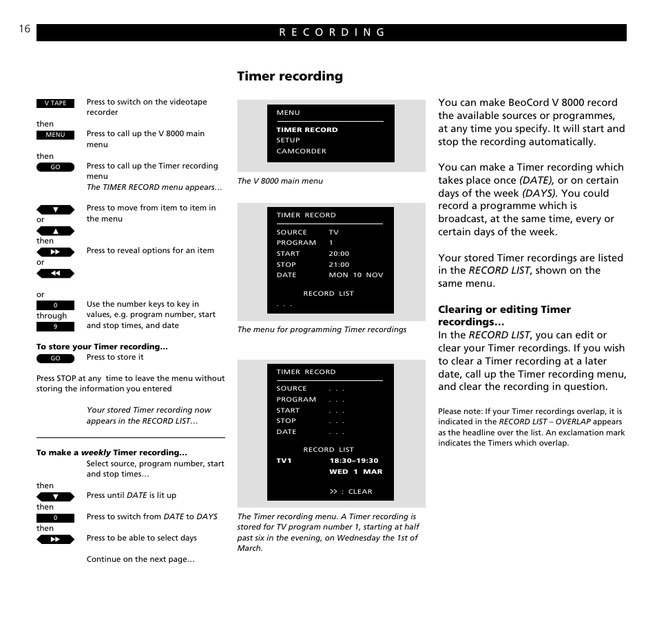 Recording, Timer recording | Bang & Olufsen BeoCord V8000_MS - User Guide User Manual | Page 16 / 32