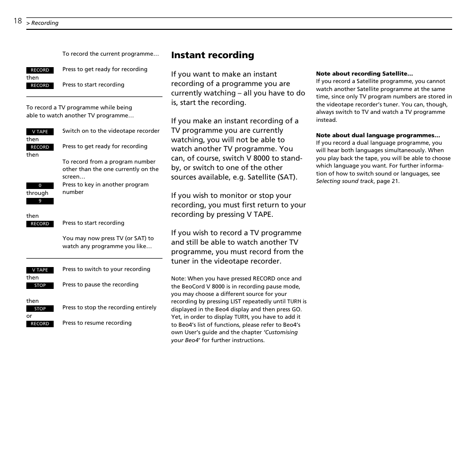 Instant recording | Bang & Olufsen BeoCord V8000_MS - User Guide User Manual | Page 18 / 32