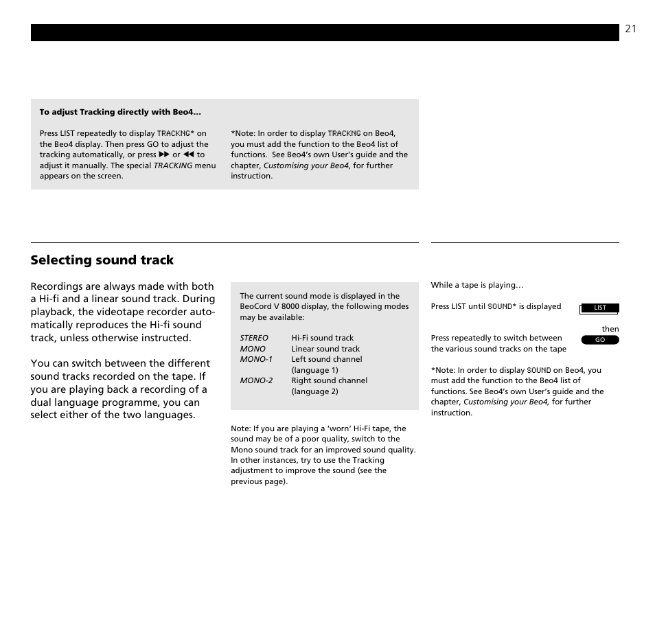 Selecting sound track | Bang & Olufsen BeoCord V8000_MS - User Guide User Manual | Page 21 / 32