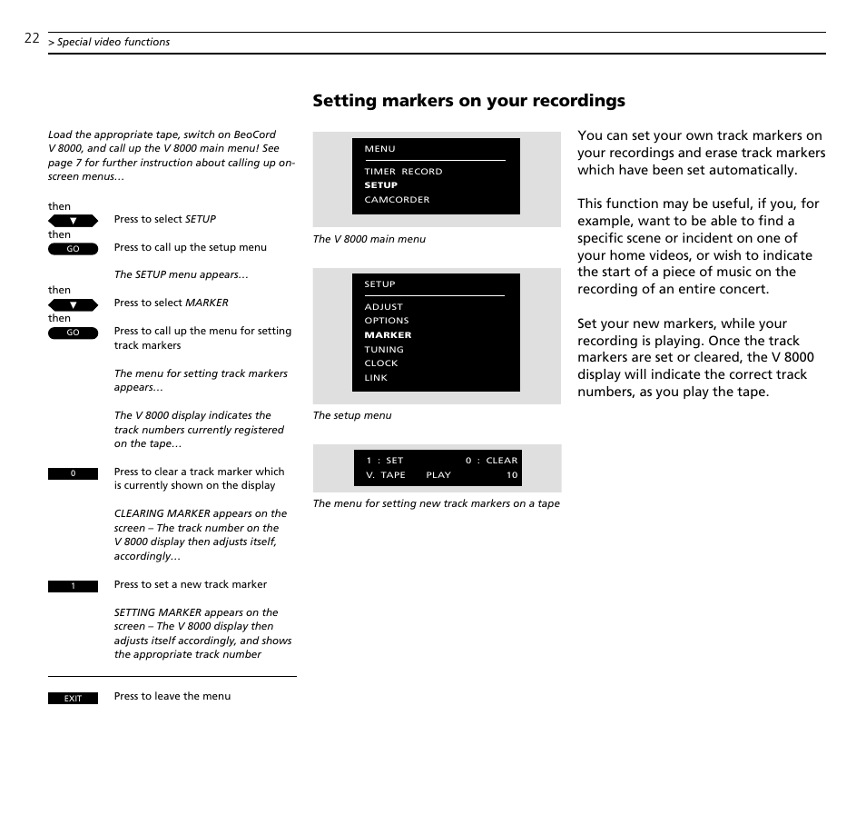 Setting markers on your recordings | Bang & Olufsen BeoCord V8000_MS - User Guide User Manual | Page 22 / 32