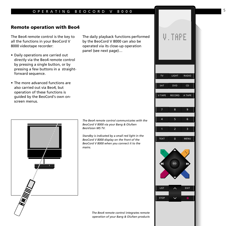 Operating beocord v 8000, Remote operation with beo4 | Bang & Olufsen BeoCord V8000_MS - User Guide User Manual | Page 5 / 32