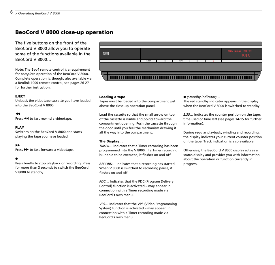 Beocord v 8000 close-up operation | Bang & Olufsen BeoCord V8000_MS - User Guide User Manual | Page 6 / 32