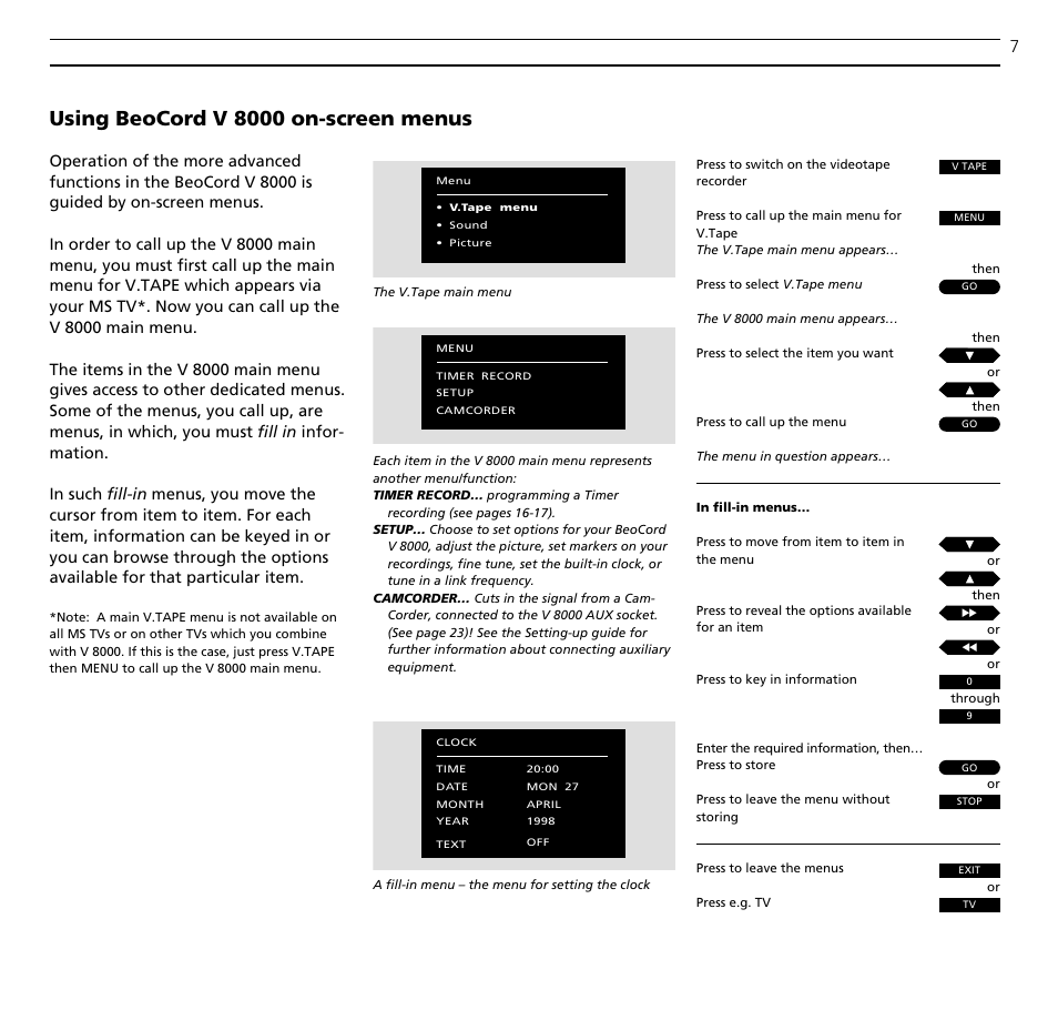 Using beocord v 8000 on-screen menus | Bang & Olufsen BeoCord V8000_MS - User Guide User Manual | Page 7 / 32