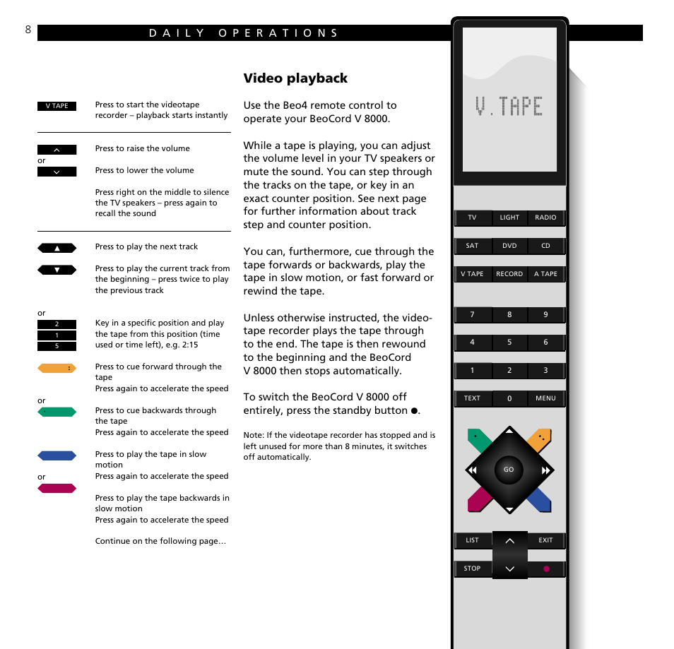 Daily operations, Video playback | Bang & Olufsen BeoCord V8000_MS - User Guide User Manual | Page 8 / 32