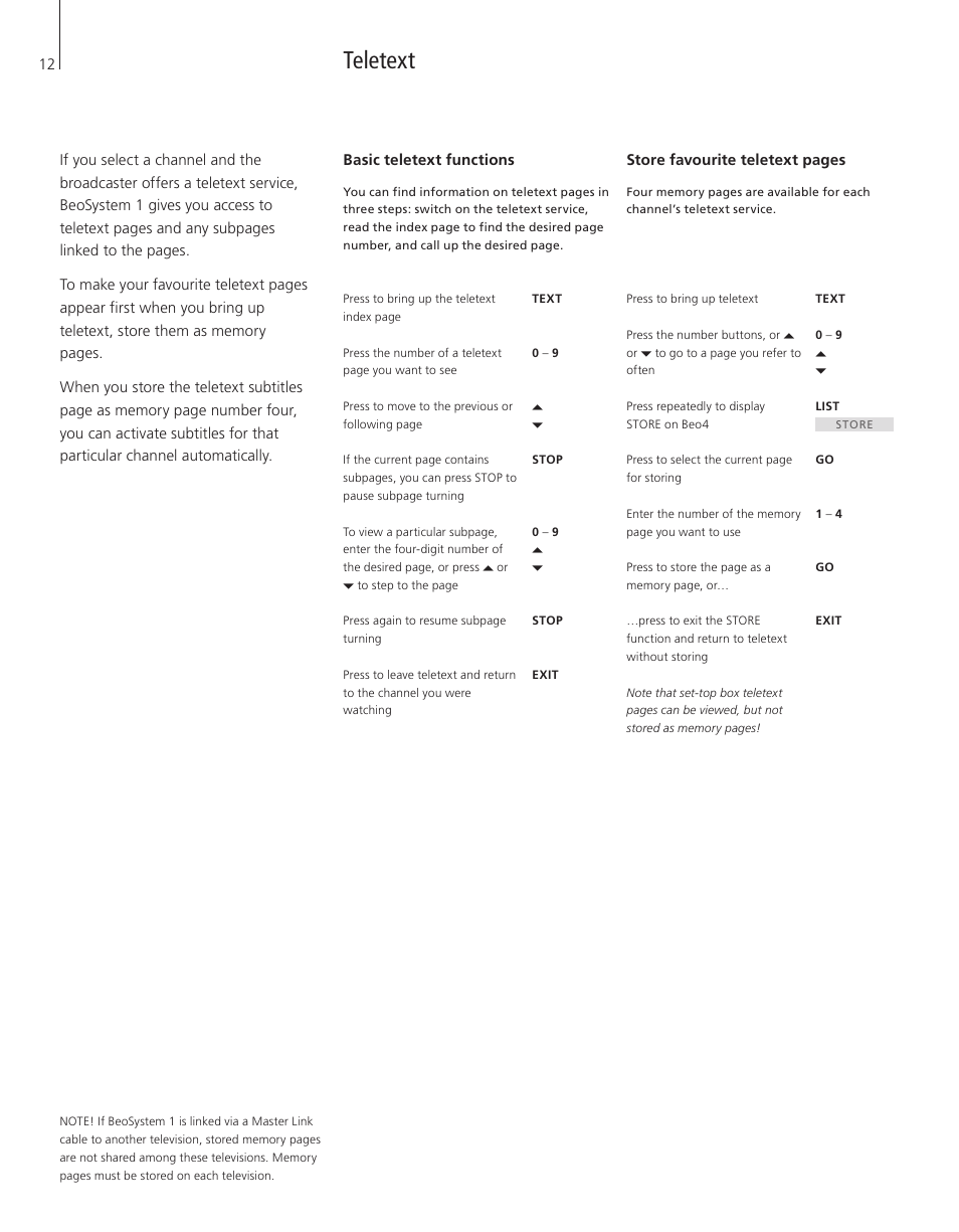 Teletext, Basic teletext functions | Bang & Olufsen BeoSystem 1 - User Guide User Manual | Page 12 / 56