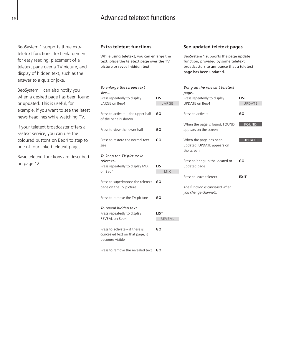 Advanced teletext functions, Extra teletext functions | Bang & Olufsen BeoSystem 1 - User Guide User Manual | Page 16 / 56