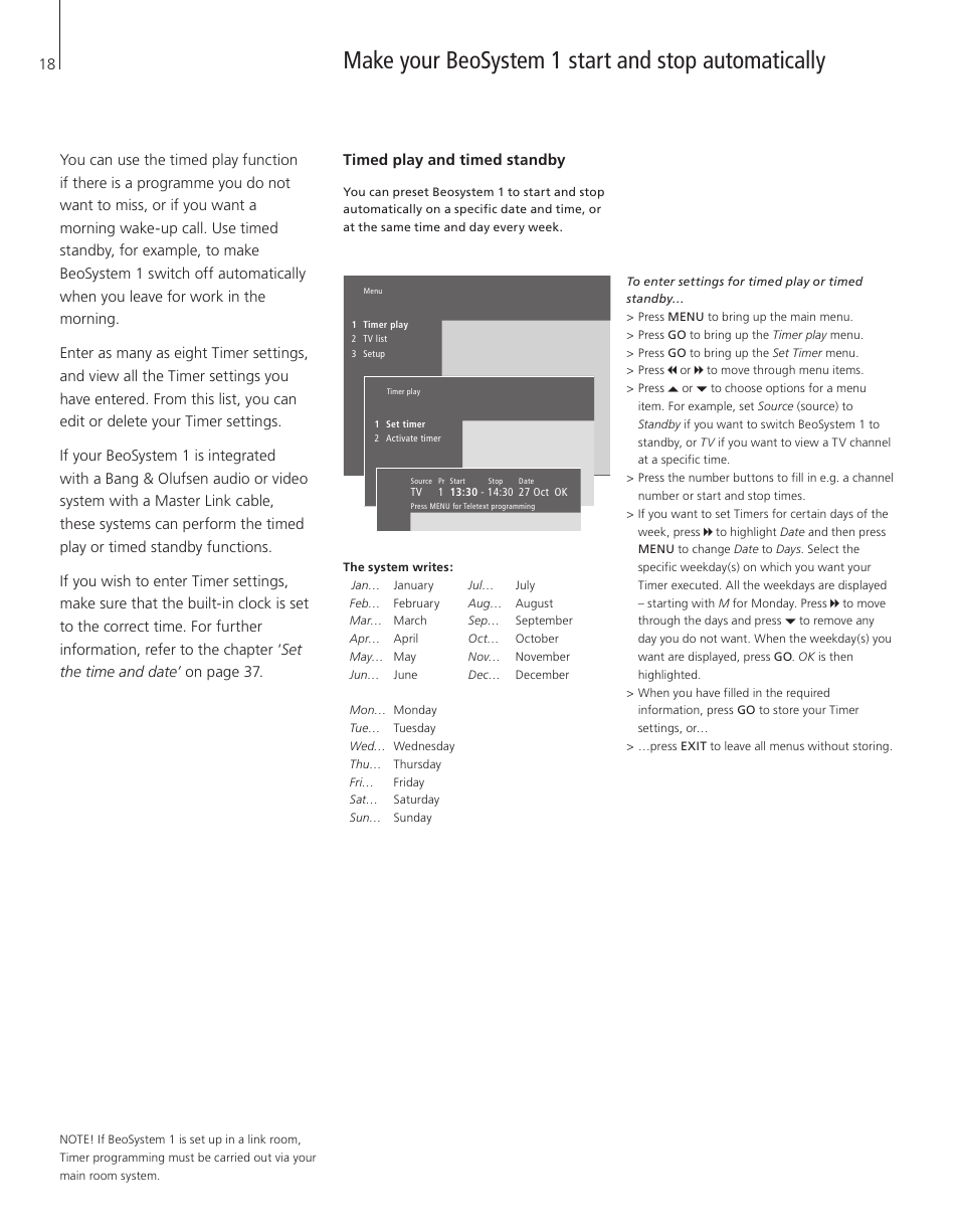 Make your beosystem 1 start and stop automatically, Timed play and timed standby | Bang & Olufsen BeoSystem 1 - User Guide User Manual | Page 18 / 56