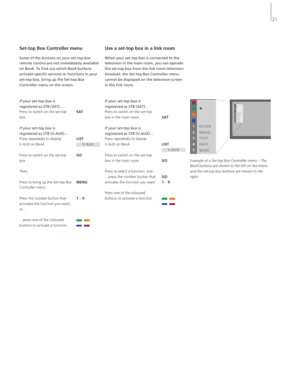 Set-top box controller menu, Use a set-top box in a link room, 21 set-top box controller menu | Bang & Olufsen BeoSystem 1 - User Guide User Manual | Page 21 / 56