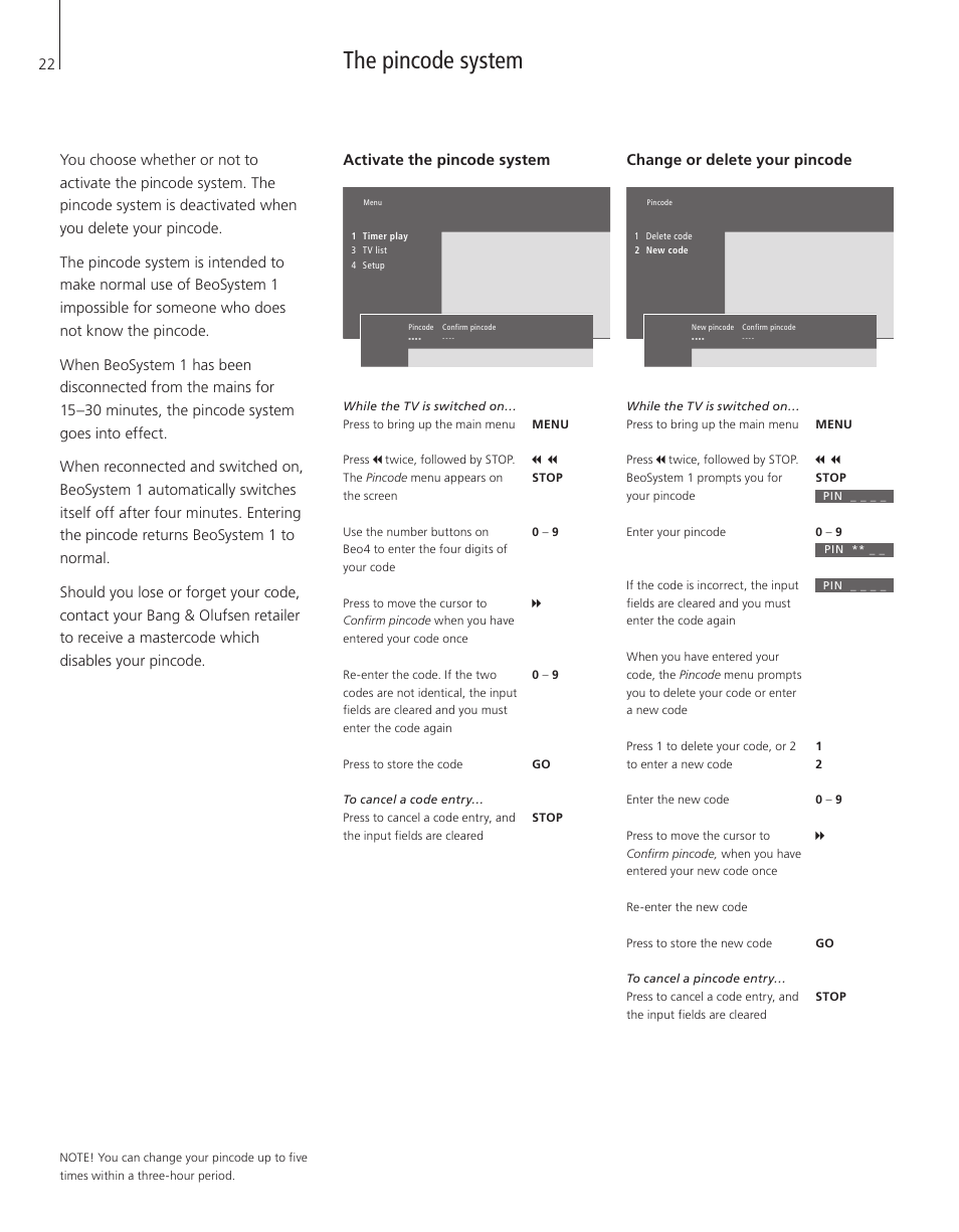 The pincode system, Activate the pincode system, Change or delete your pincode | Bang & Olufsen BeoSystem 1 - User Guide User Manual | Page 22 / 56