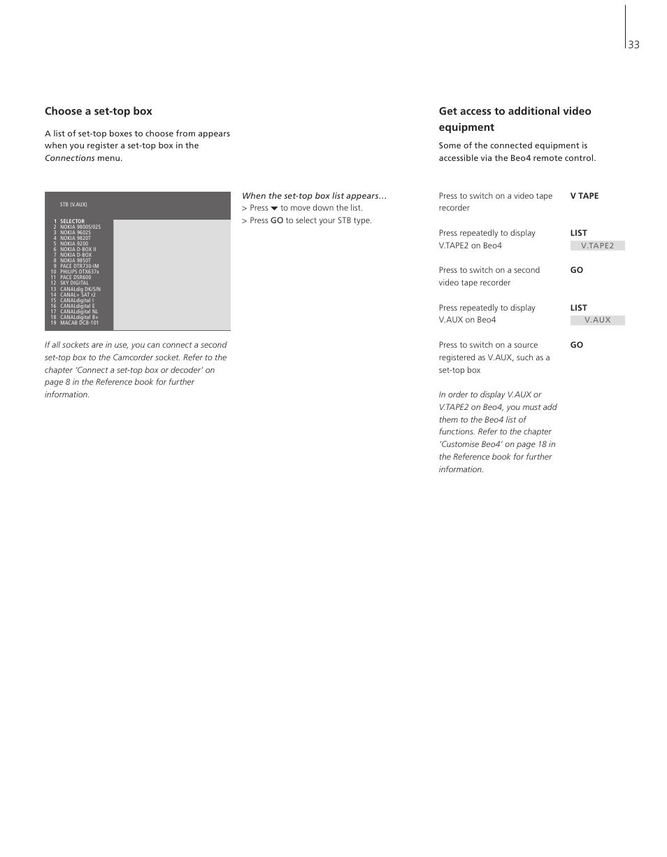 Choose a set-top box, Get access to additional video equipment | Bang & Olufsen BeoSystem 1 - User Guide User Manual | Page 33 / 56