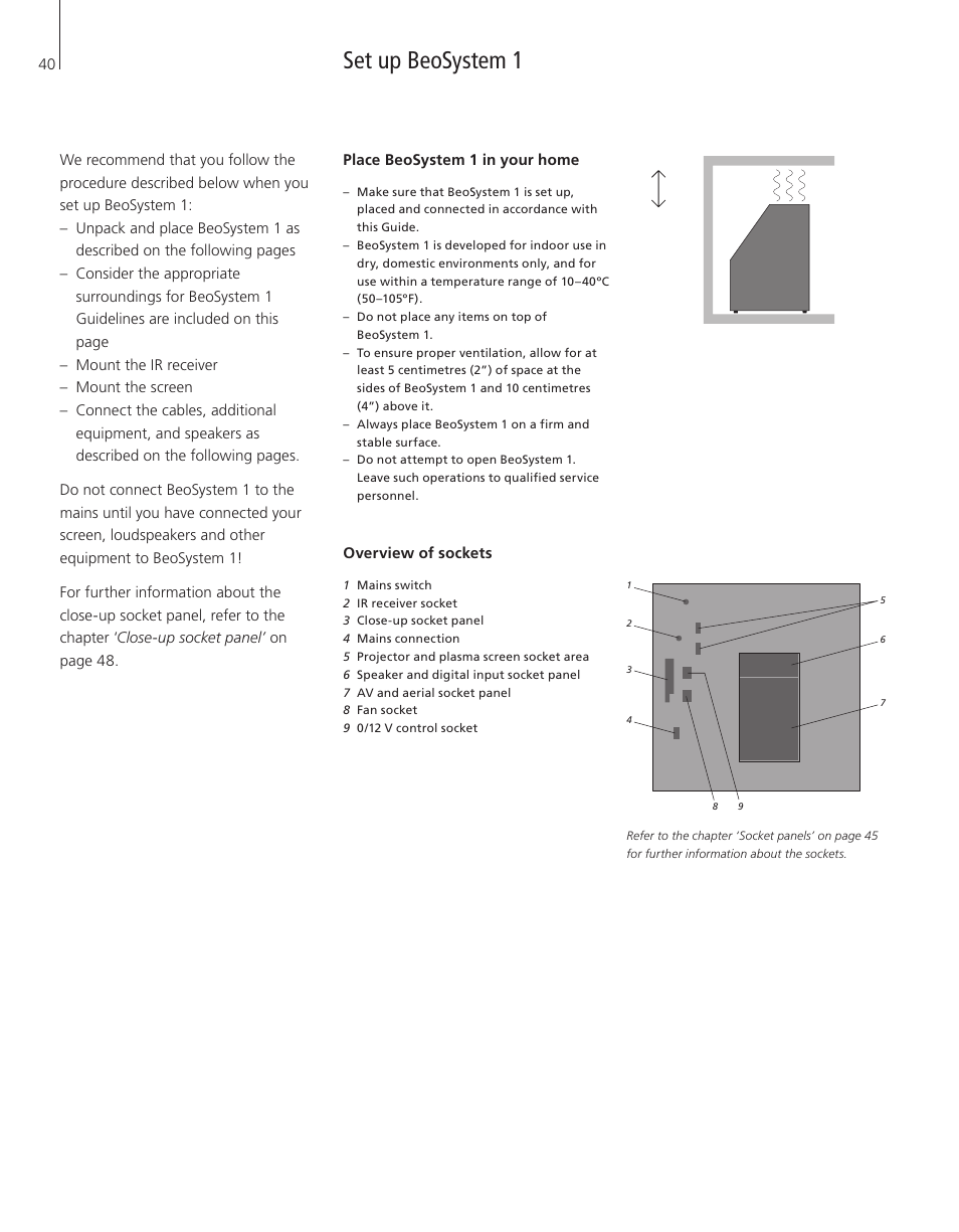 Set up beosystem 1, Place beosystem 1 in your home, Overview of sockets | Bang & Olufsen BeoSystem 1 - User Guide User Manual | Page 40 / 56