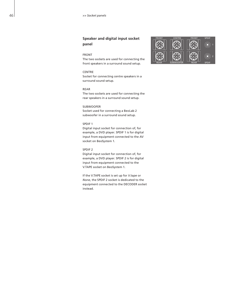 Speaker and digital input socket panel, 46 speaker and digital input socket panel | Bang & Olufsen BeoSystem 1 - User Guide User Manual | Page 46 / 56