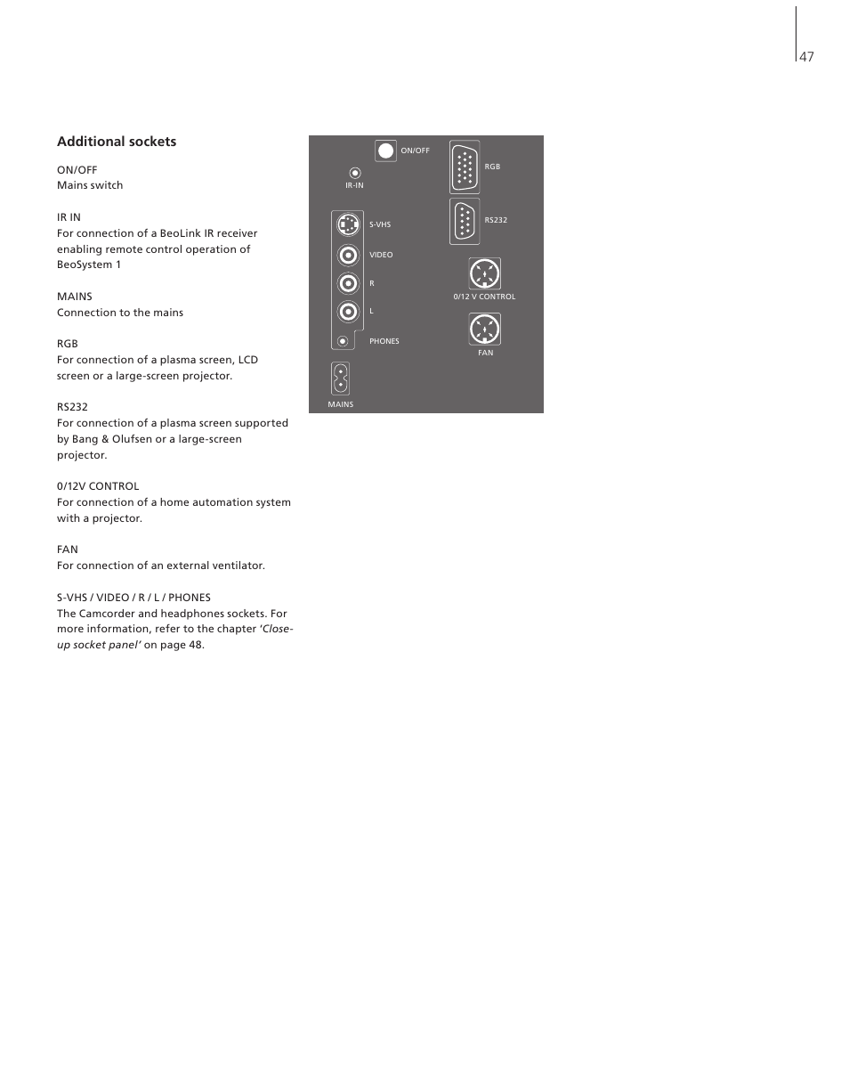 Additional sockets, 47 additional sockets | Bang & Olufsen BeoSystem 1 - User Guide User Manual | Page 47 / 56