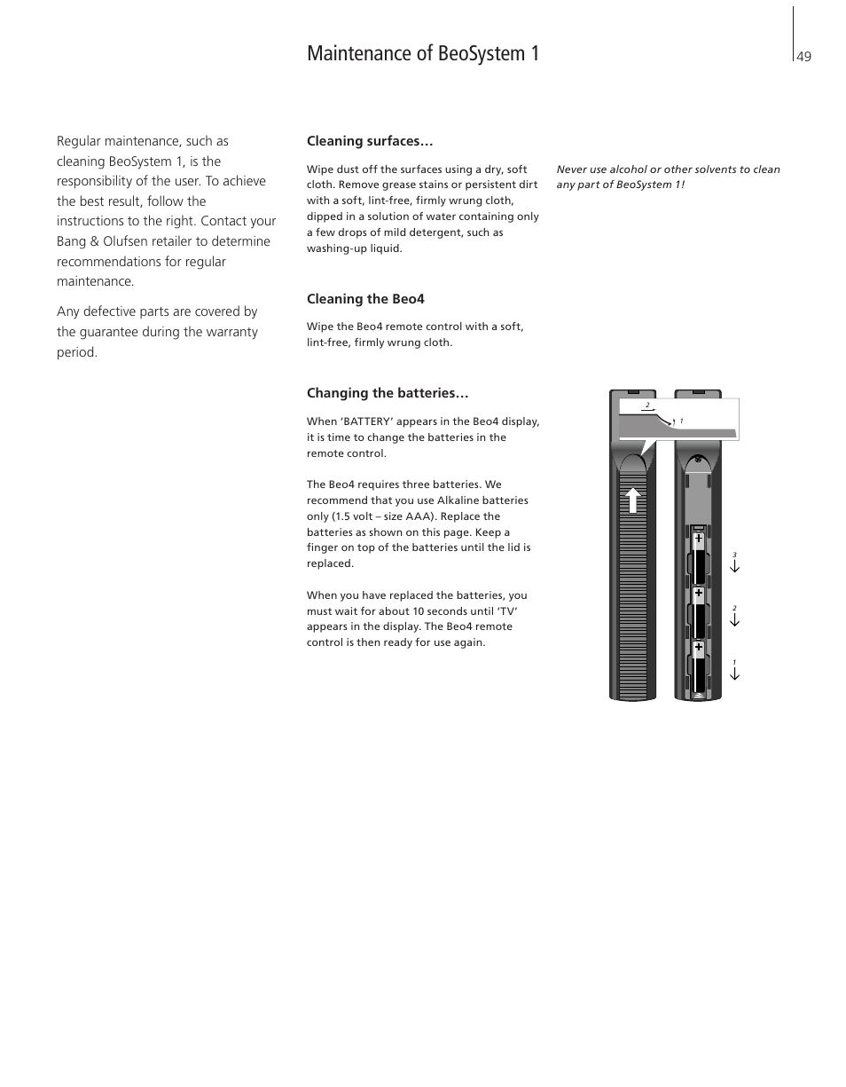 Maintenance of beosystem 1, Cleaning surfaces, Cleaning beo4 | Changing the batteries | Bang & Olufsen BeoSystem 1 - User Guide User Manual | Page 49 / 56