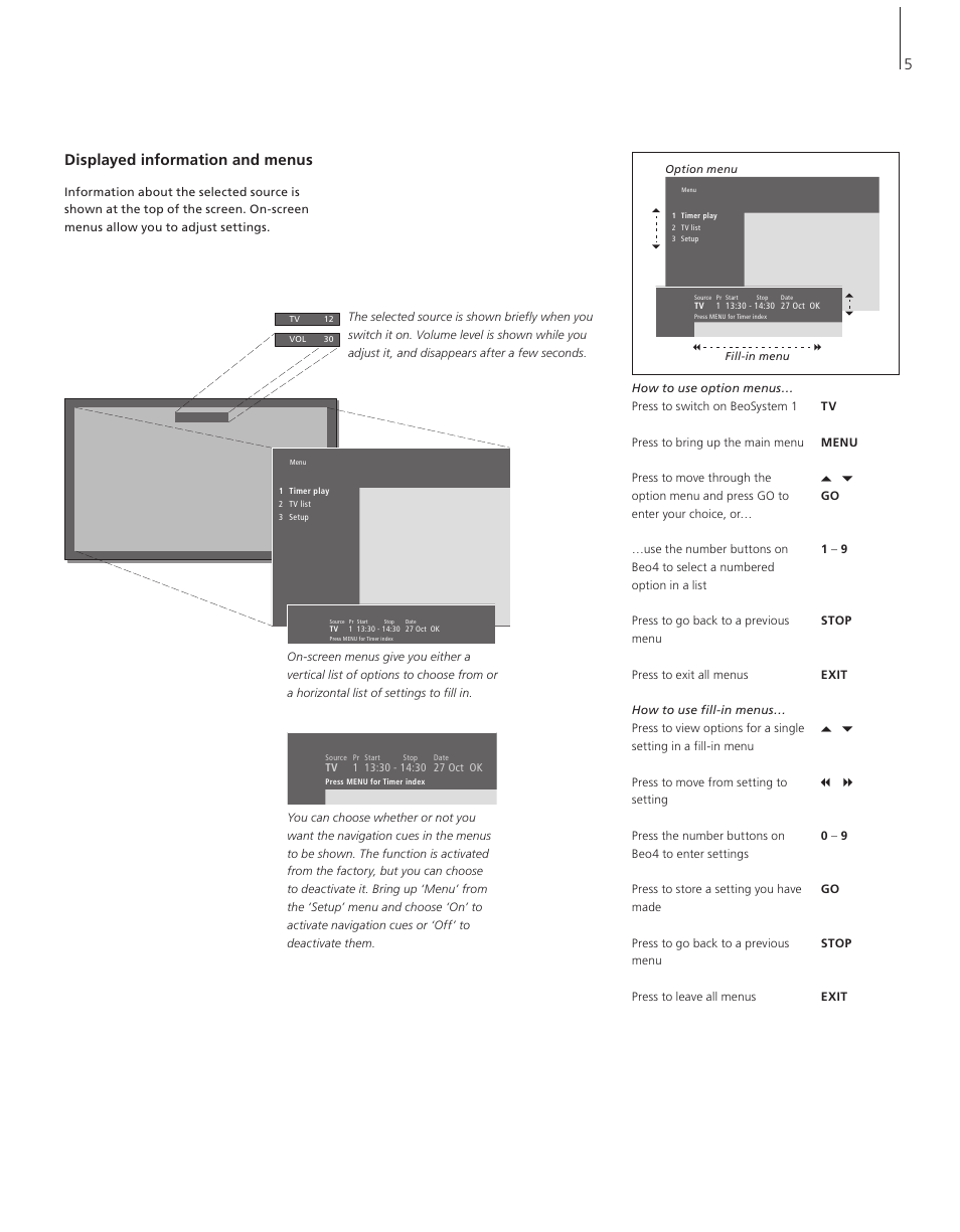 Displayed information and menus, 5displayed information and menus | Bang & Olufsen BeoSystem 1 - User Guide User Manual | Page 5 / 56