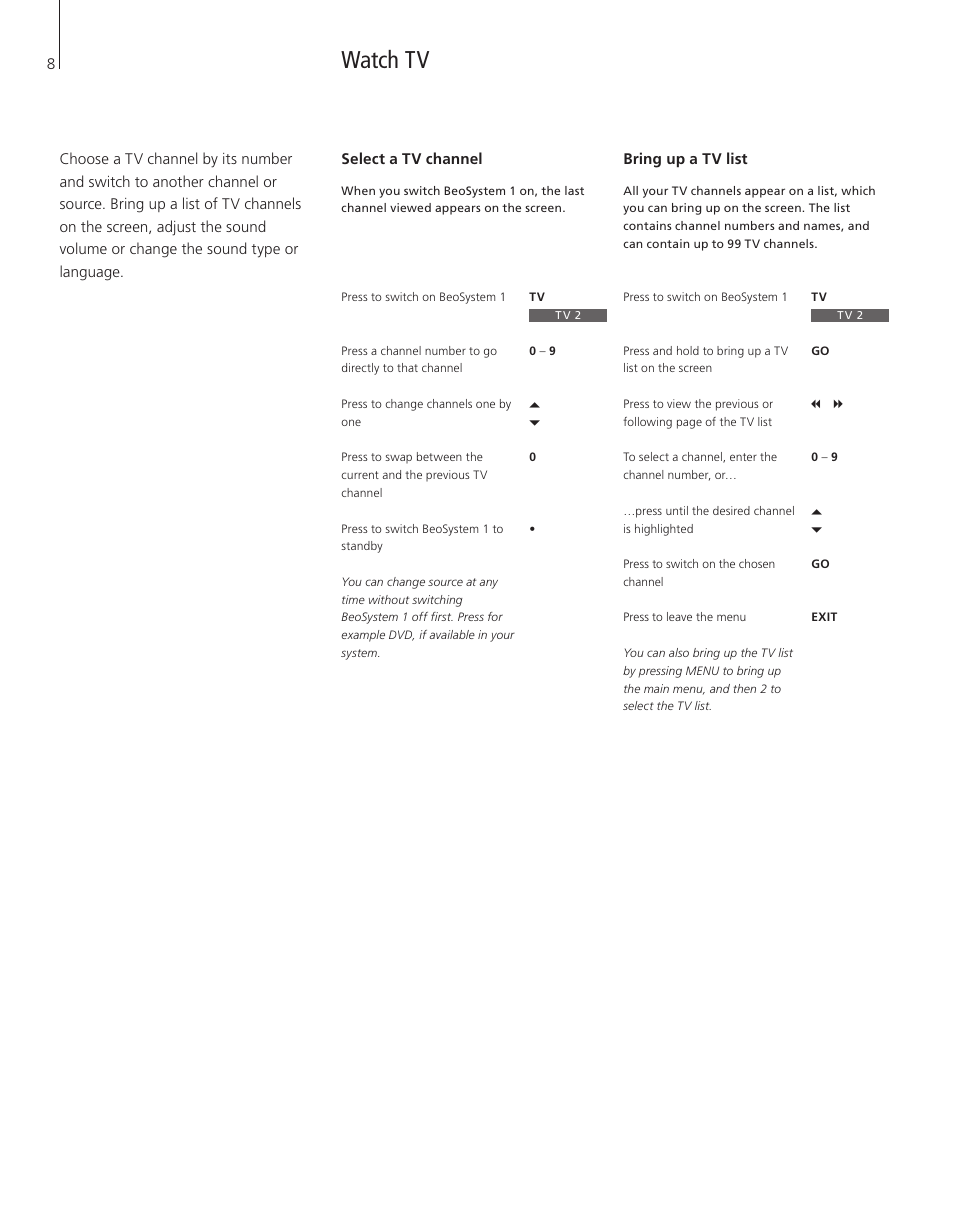 Watch tv, Select a tv channel, Bring up a tv list | Bang & Olufsen BeoSystem 1 - User Guide User Manual | Page 8 / 56