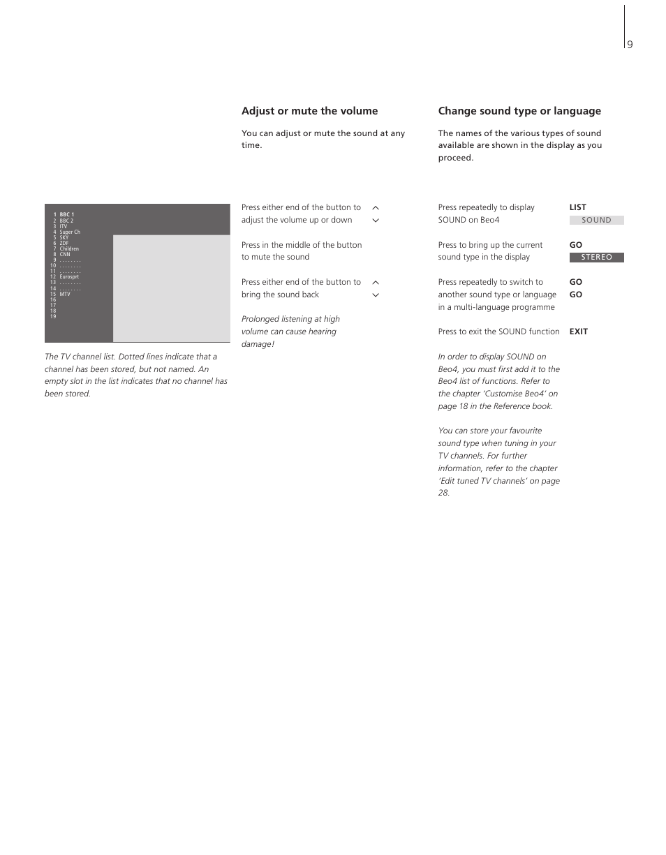 Adjust or mute the volume, Change sound type or language | Bang & Olufsen BeoSystem 1 - User Guide User Manual | Page 9 / 56