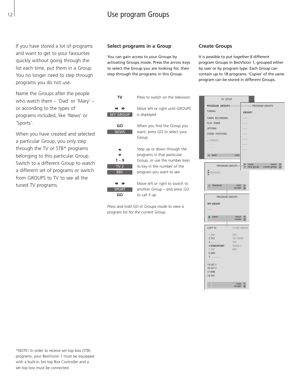 Use program groups, Select programs in a group, Create groups | Bang & Olufsen BeoVision 1 - User Guide User Manual | Page 12 / 16