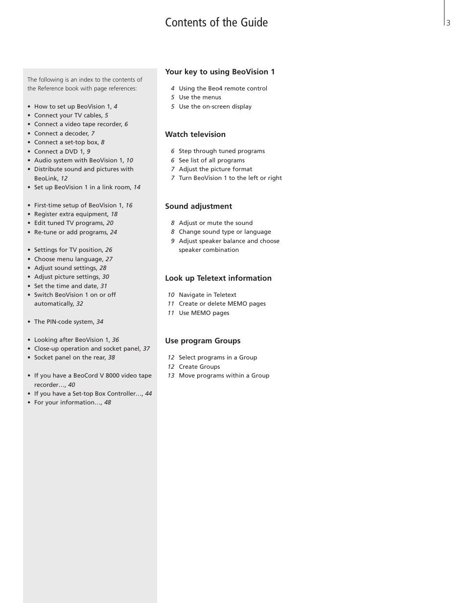 Contents of the guide | Bang & Olufsen BeoVision 1 - User Guide User Manual | Page 3 / 16