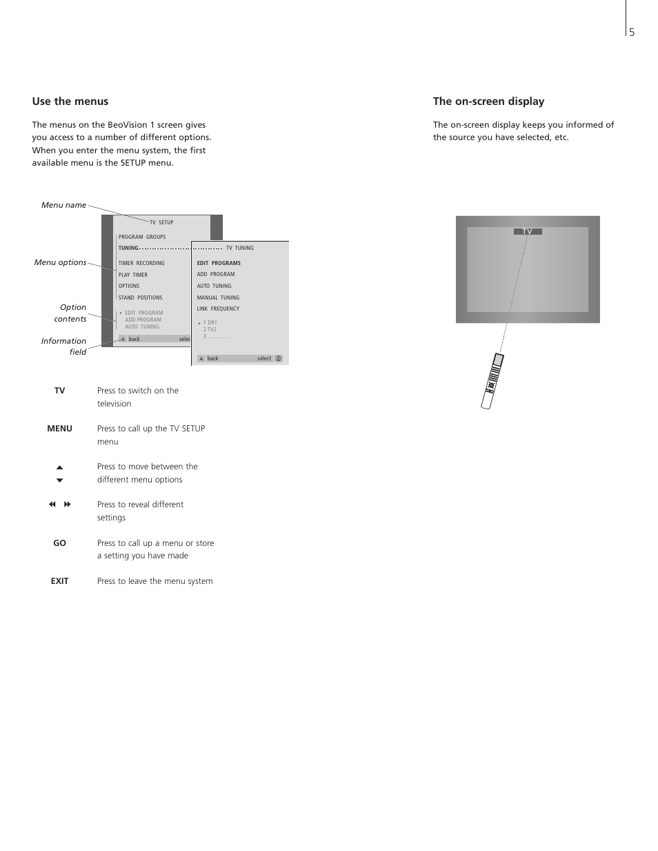 Use the menus, The on-screen display, 5the on-screen display | Bang & Olufsen BeoVision 1 - User Guide User Manual | Page 5 / 16