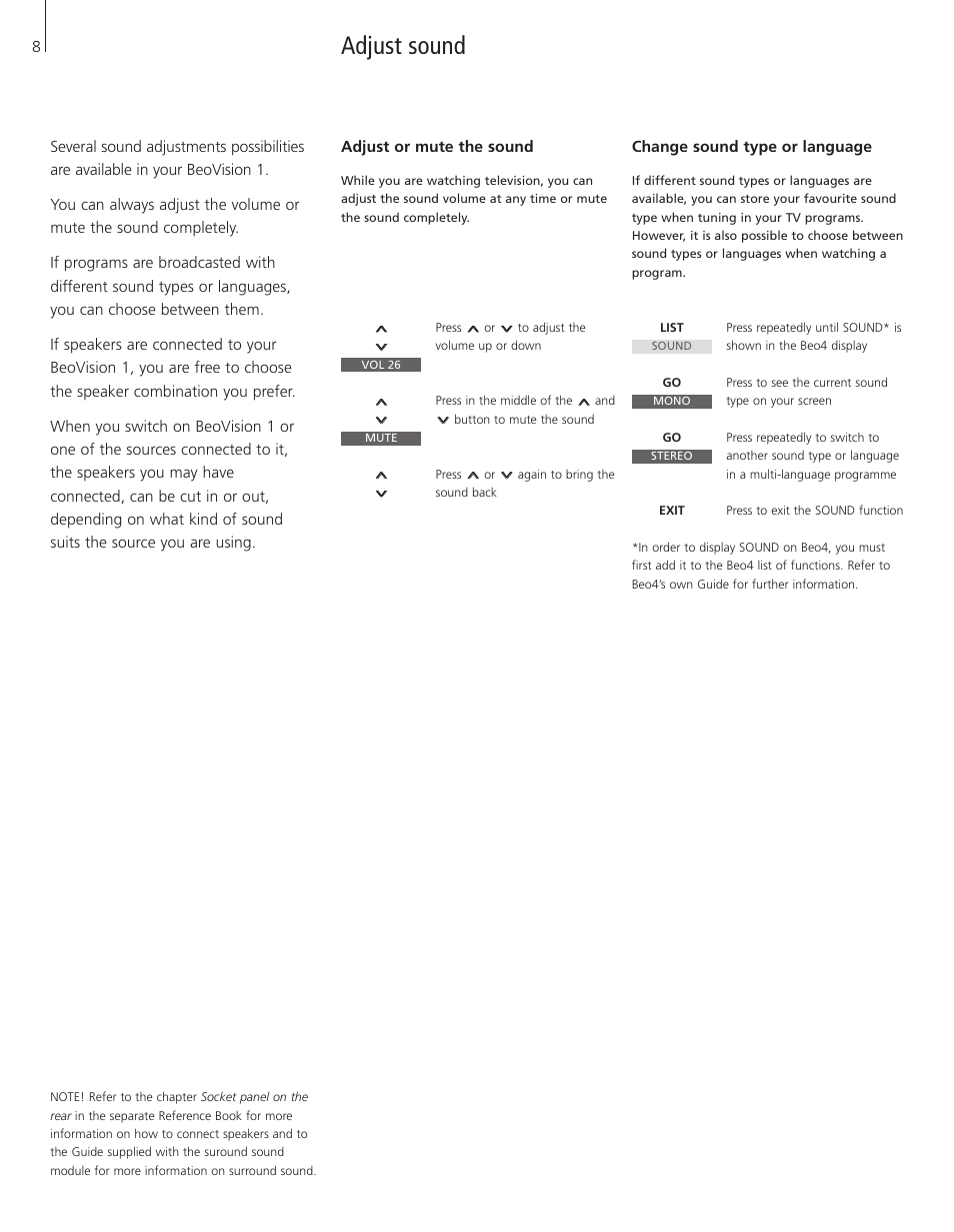 Adjust sound, Adjust or mute the sound, Change sound type or language | Bang & Olufsen BeoVision 1 - User Guide User Manual | Page 8 / 16