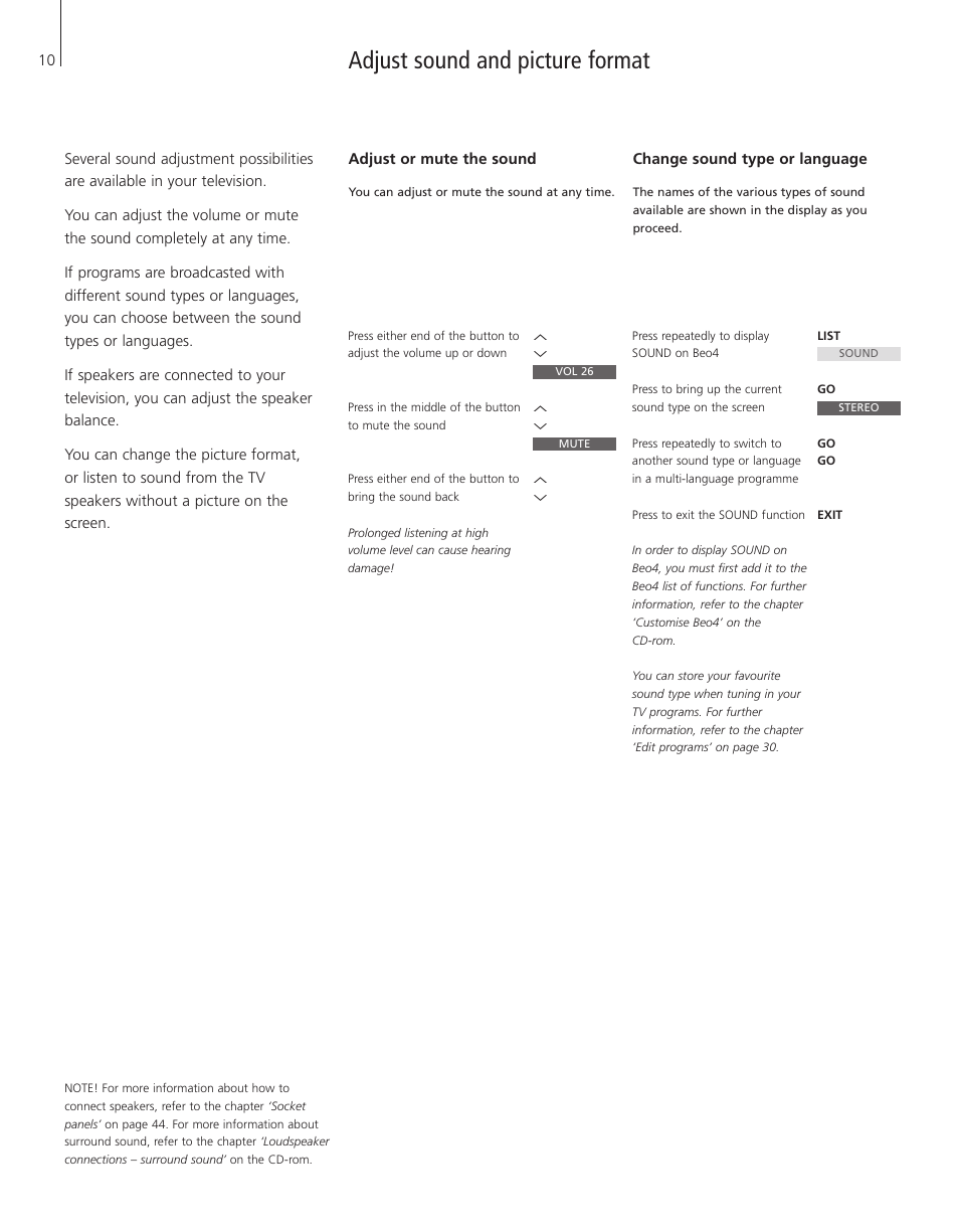 Adjust sound and picture format, Adjust or mute the sound, Change sound type or language | Bang & Olufsen BeoVision 3-28 - User Guide User Manual | Page 10 / 52