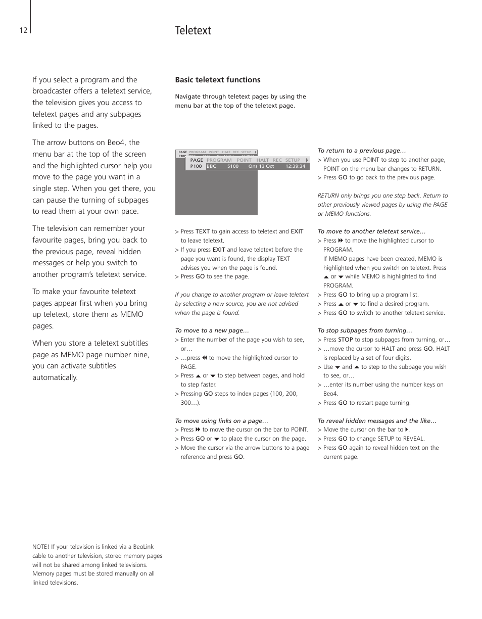 Teletext, Basic teletext functions | Bang & Olufsen BeoVision 3-28 - User Guide User Manual | Page 12 / 52