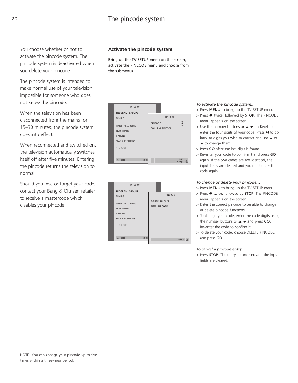 The pincode system, Activate the pincode system | Bang & Olufsen BeoVision 3-28 - User Guide User Manual | Page 20 / 52