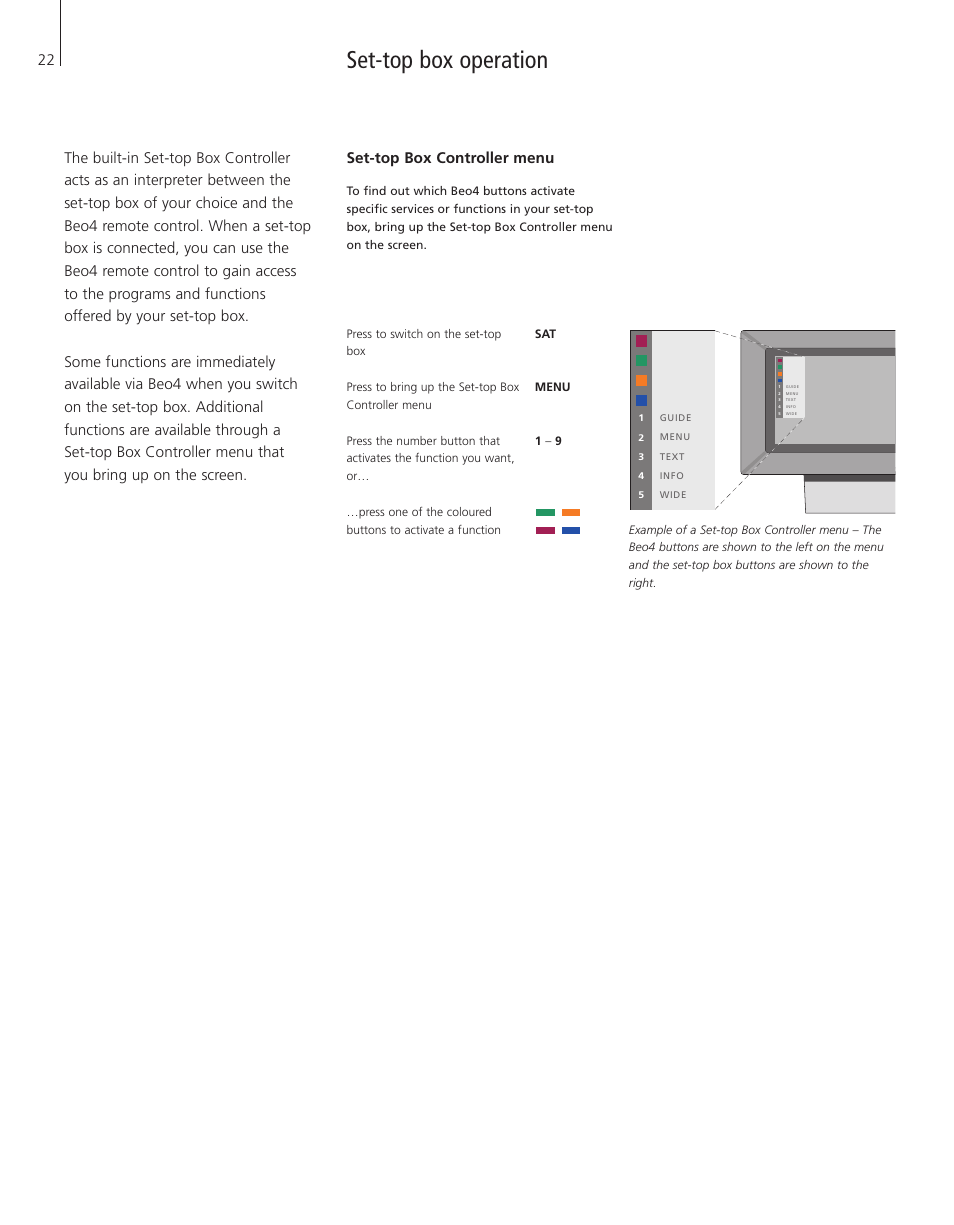 Set-top box operation, Set-top box controller menu | Bang & Olufsen BeoVision 3-28 - User Guide User Manual | Page 22 / 52