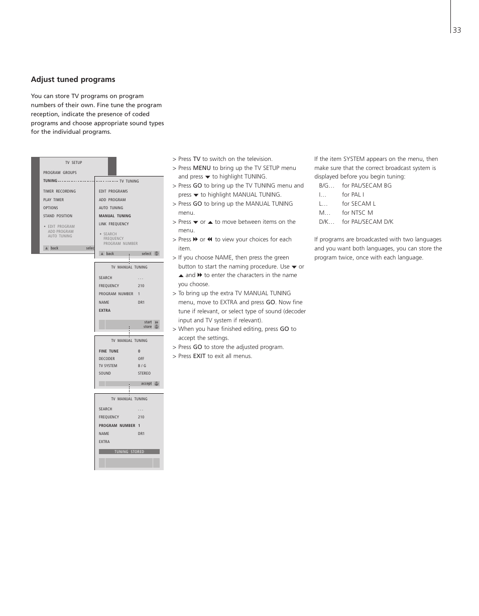 Adjust tuned programs, 33 adjust tuned programs | Bang & Olufsen BeoVision 3-28 - User Guide User Manual | Page 33 / 52