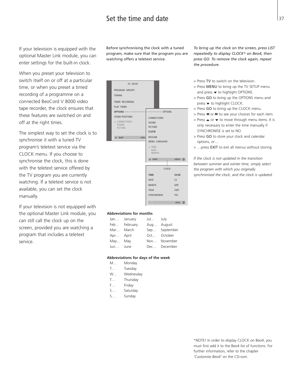 Set the time and date | Bang & Olufsen BeoVision 3-28 - User Guide User Manual | Page 37 / 52