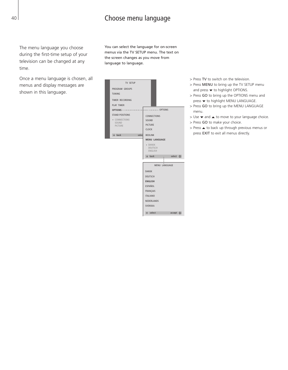 Choose menu language | Bang & Olufsen BeoVision 3-28 - User Guide User Manual | Page 40 / 52