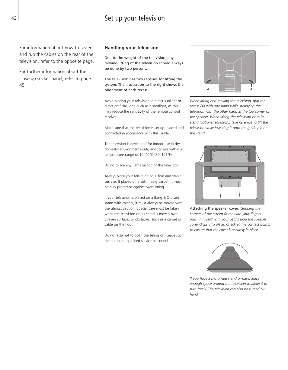 Set up your television, Handling your television | Bang & Olufsen BeoVision 3-28 - User Guide User Manual | Page 42 / 52