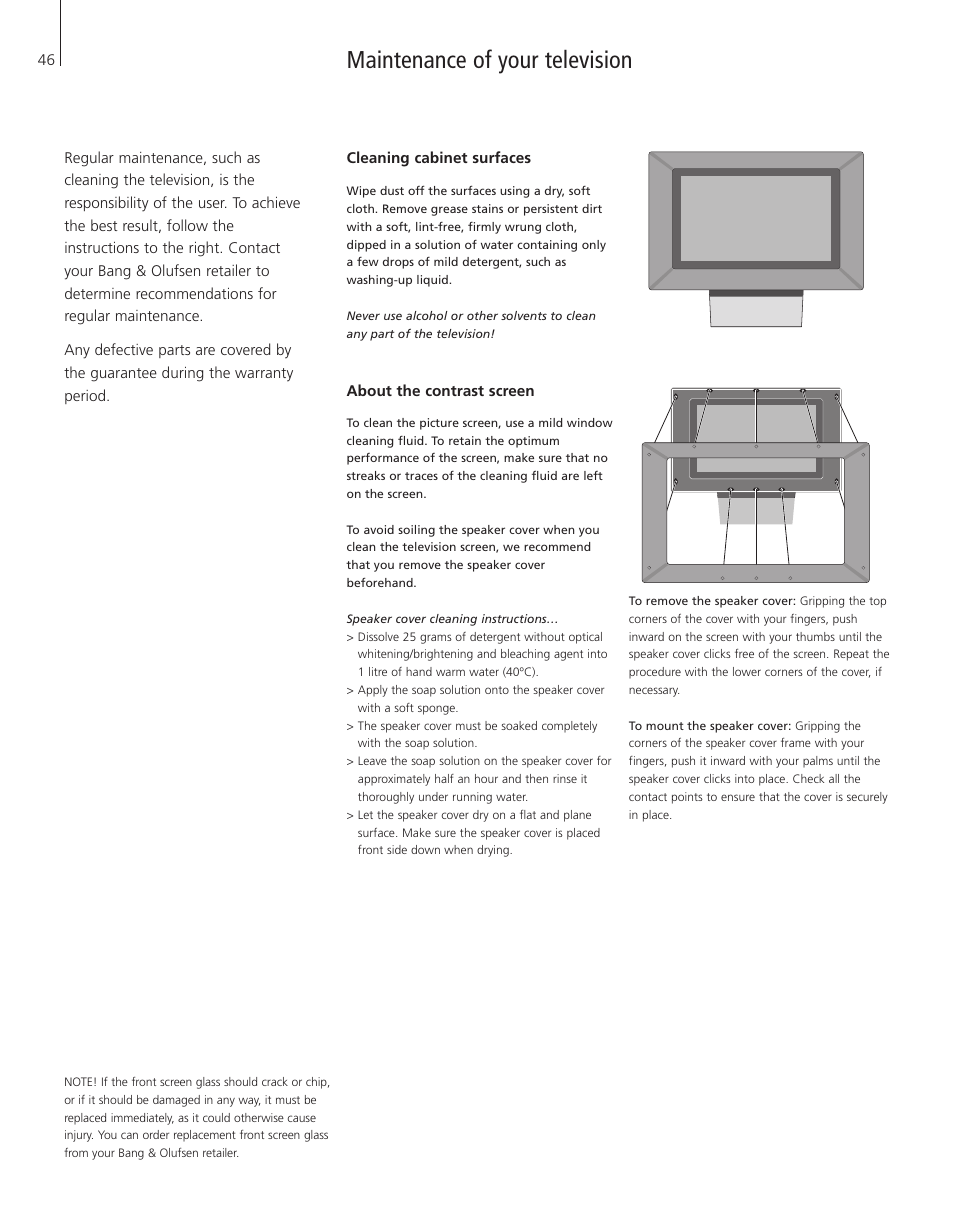 Maintenance of your television, Cleaning cabinet surfaces, About the contrast screen | Bang & Olufsen BeoVision 3-28 - User Guide User Manual | Page 46 / 52