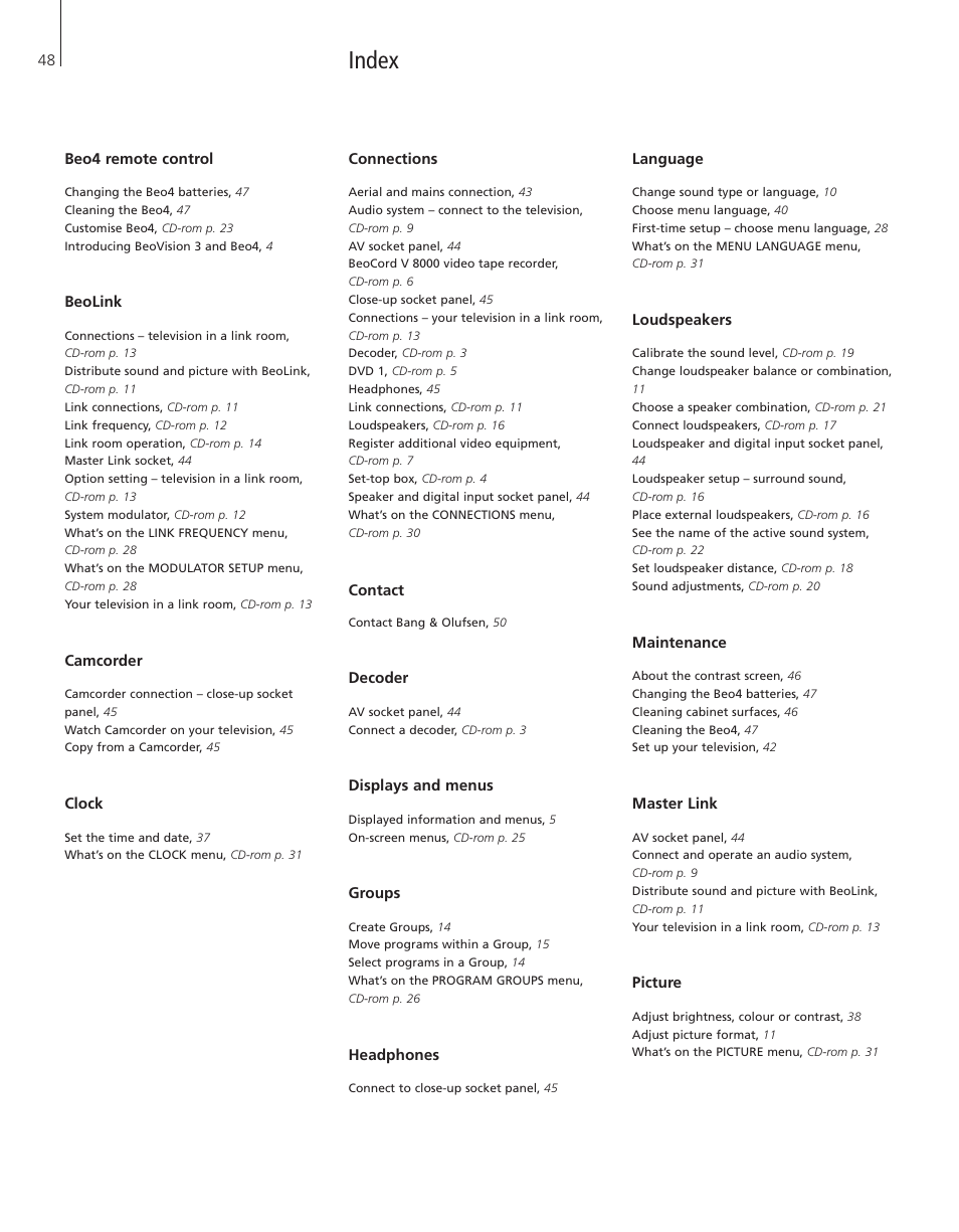 Index | Bang & Olufsen BeoVision 3-28 - User Guide User Manual | Page 48 / 52