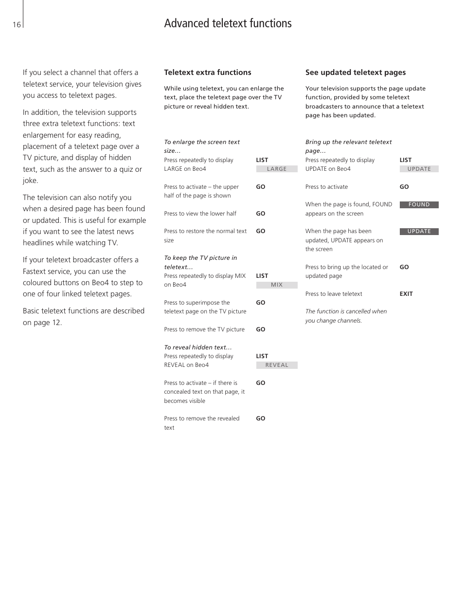 Advanced teletext functions, Teletext extra functions | Bang & Olufsen BeoVision 3-32 - User Guide User Manual | Page 16 / 56