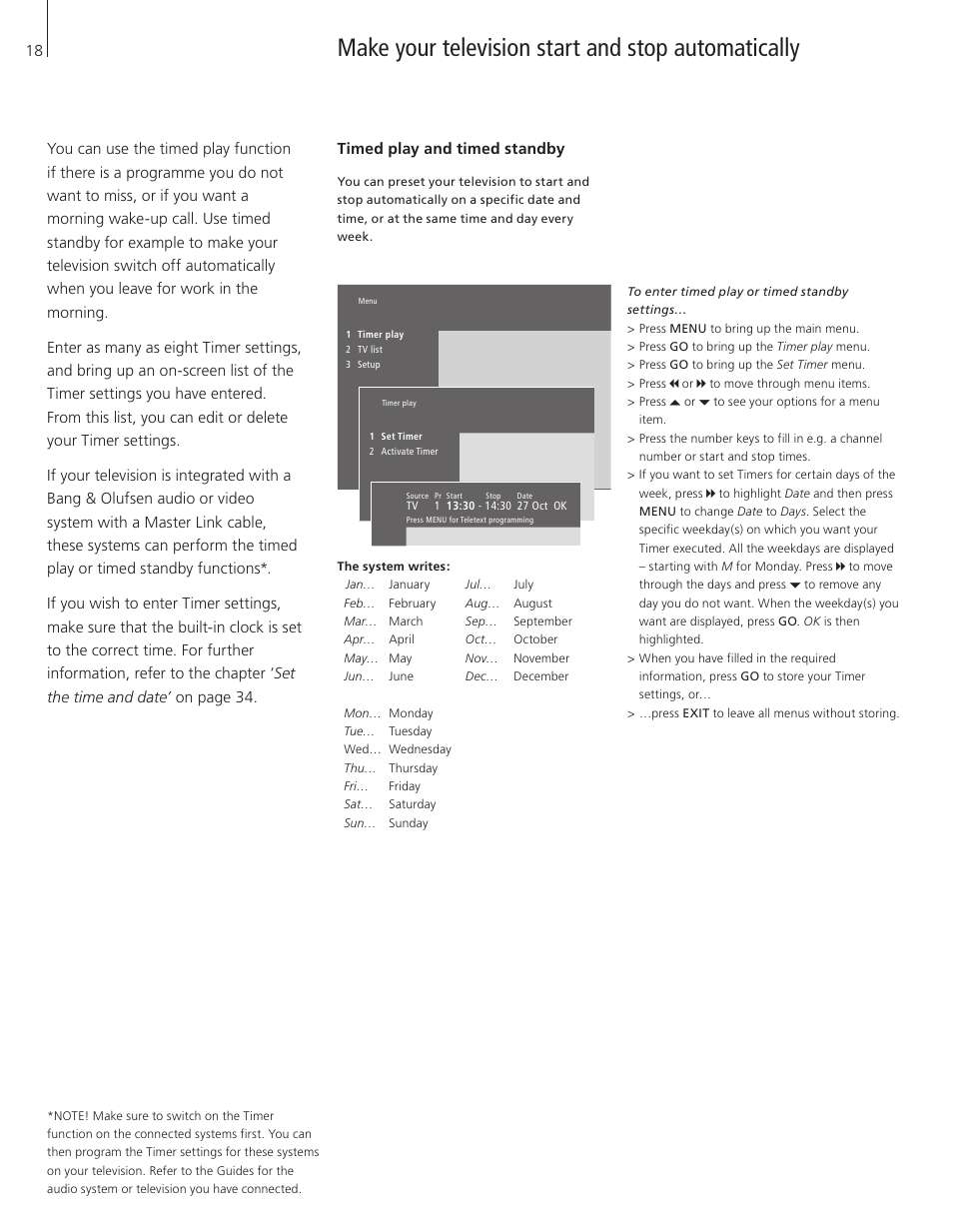 Make your television start and stop automatically, Timed play and timed standby | Bang & Olufsen BeoVision 3-32 - User Guide User Manual | Page 18 / 56