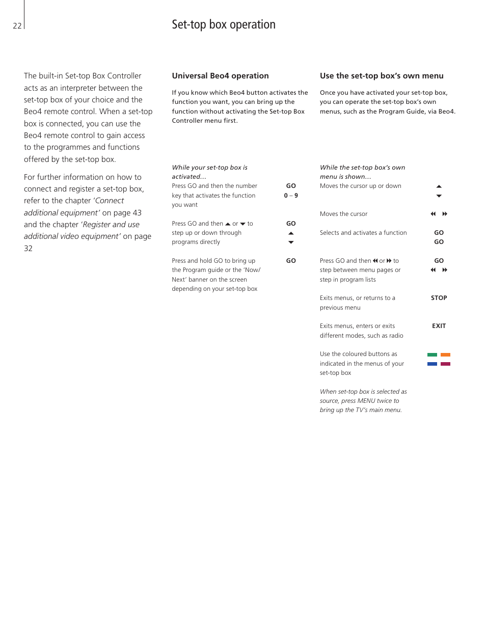 Set-top box operation, Universal beo4 operation, Use the set-top box’s own menu | Bang & Olufsen BeoVision 3-32 - User Guide User Manual | Page 22 / 56