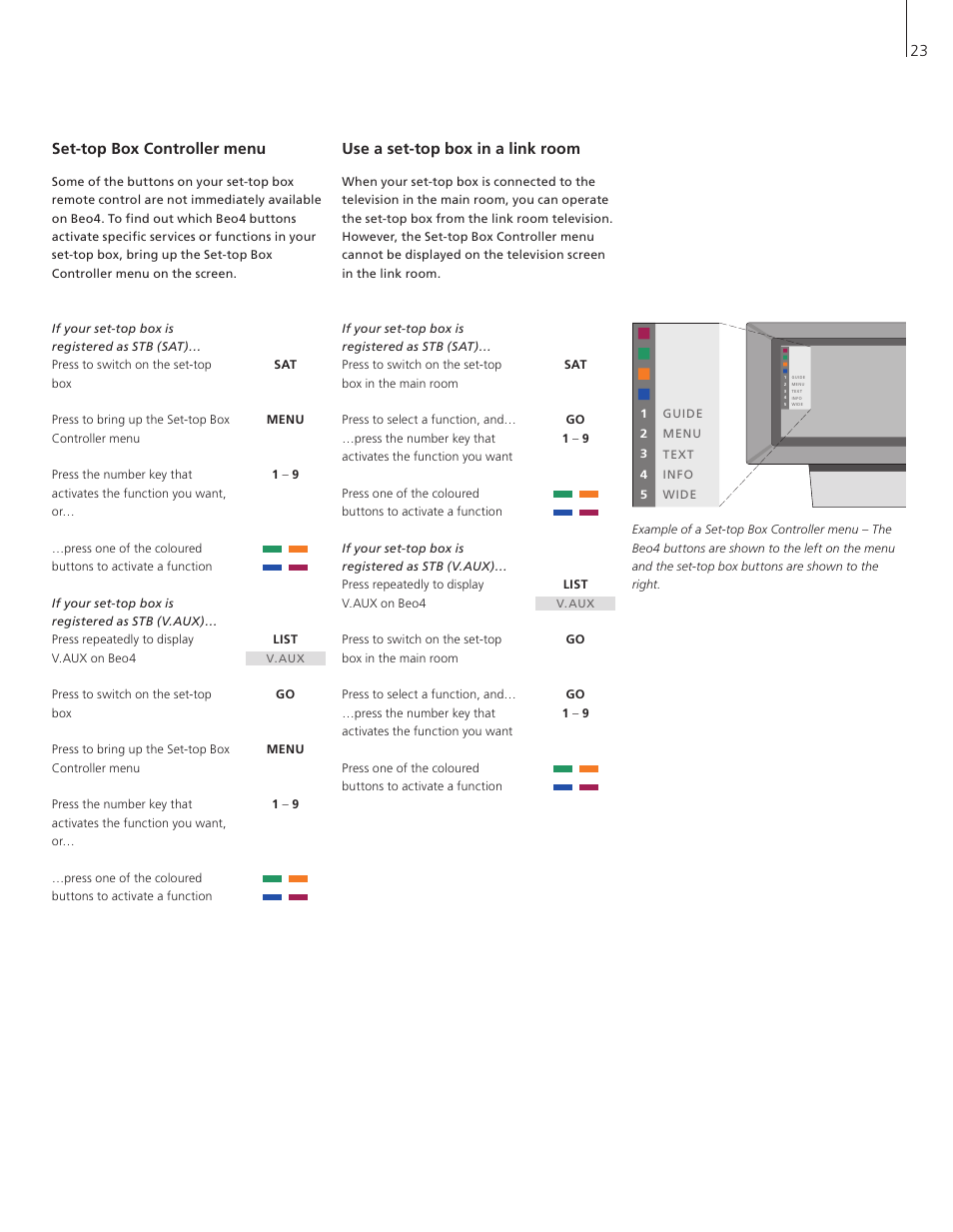 Set-top box controller menu, Use a set-top box in a link room | Bang & Olufsen BeoVision 3-32 - User Guide User Manual | Page 23 / 56