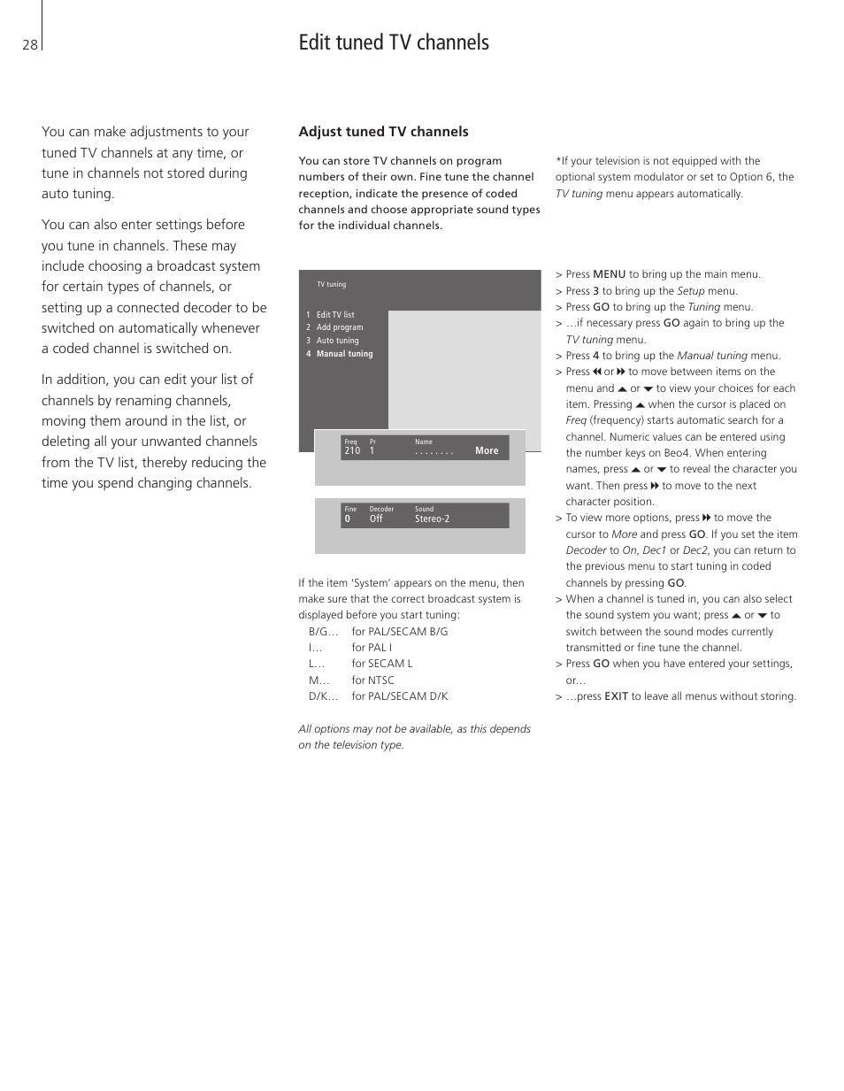 Edit tuned tv channels, Adjust tuned tv channels | Bang & Olufsen BeoVision 3-32 - User Guide User Manual | Page 28 / 56